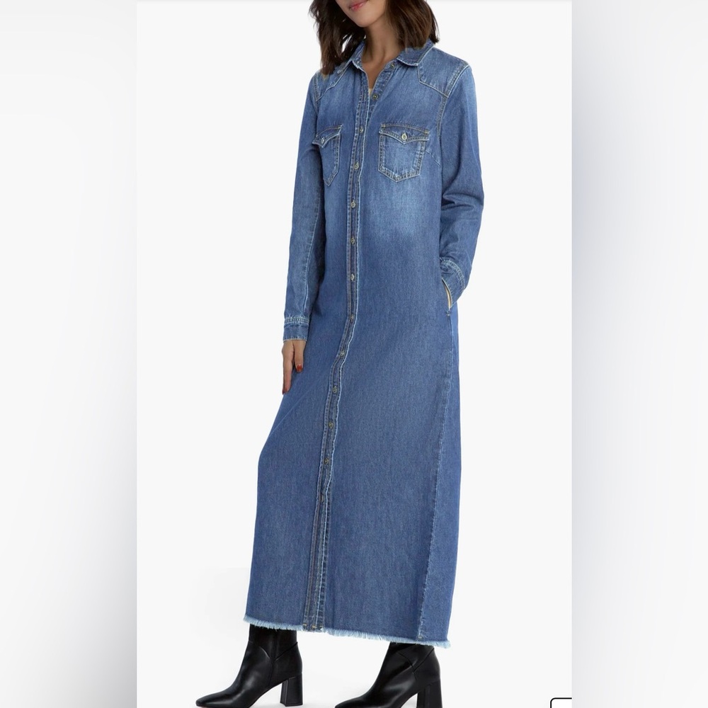 Denim Maxi Shirt Dress in Blue - Classic Button-Front